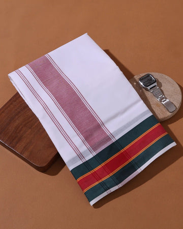 Men’s 9+5 Meter Premium Cotton Dhoti with Traditional Multi Woven Border - White