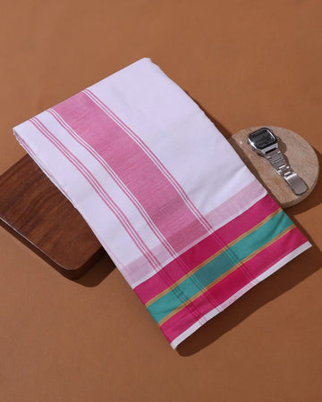 Men’s 9+5 Meter Premium Cotton Dhoti with Traditional Woven Border - White