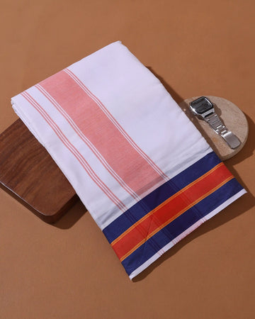 Men's 9+5 Meter Cotton Dhoti with Woven Multi Striped Border - White