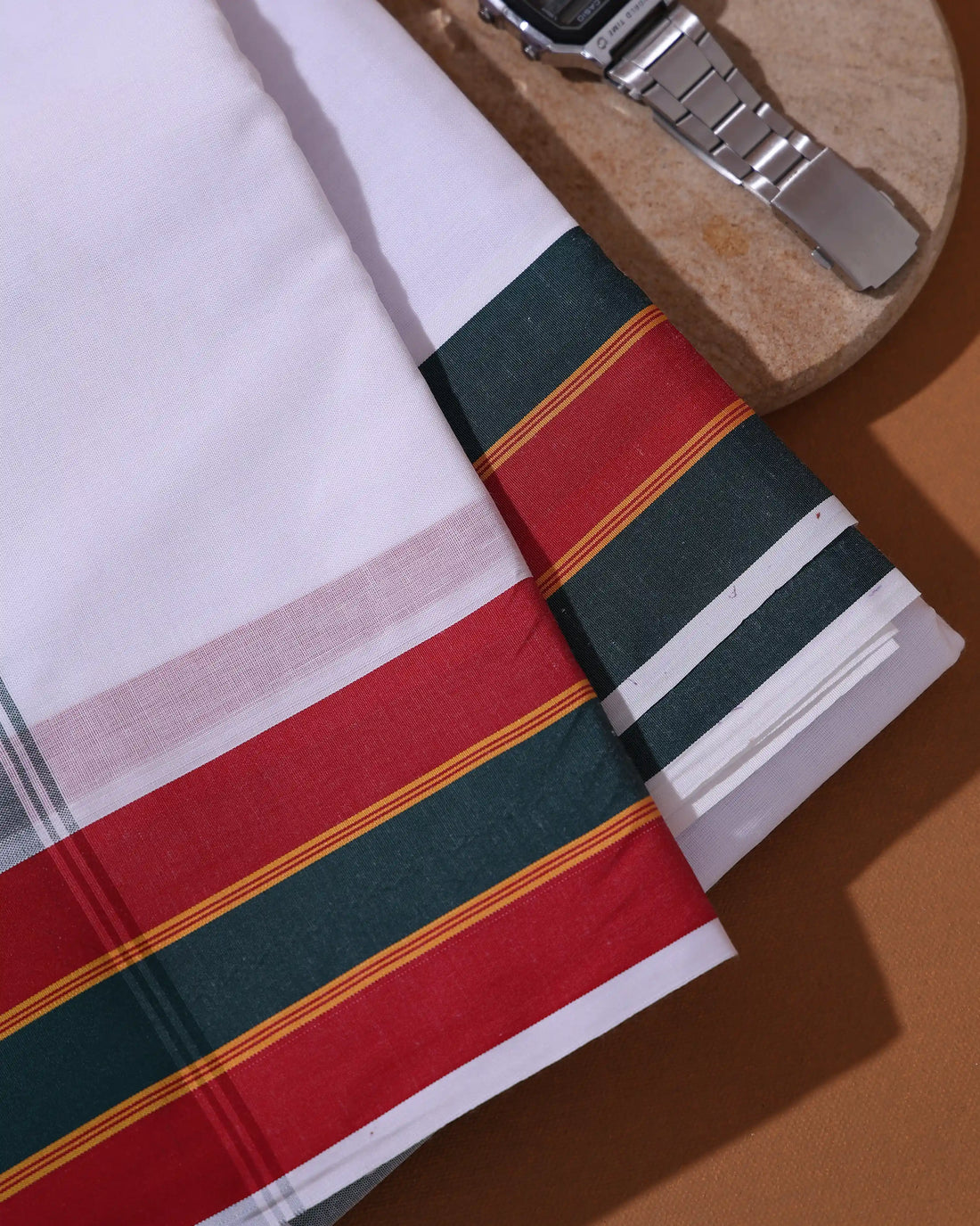 Men’s 9+5 Meter Cotton Dhoti with Traditional Multi Striped Border - White