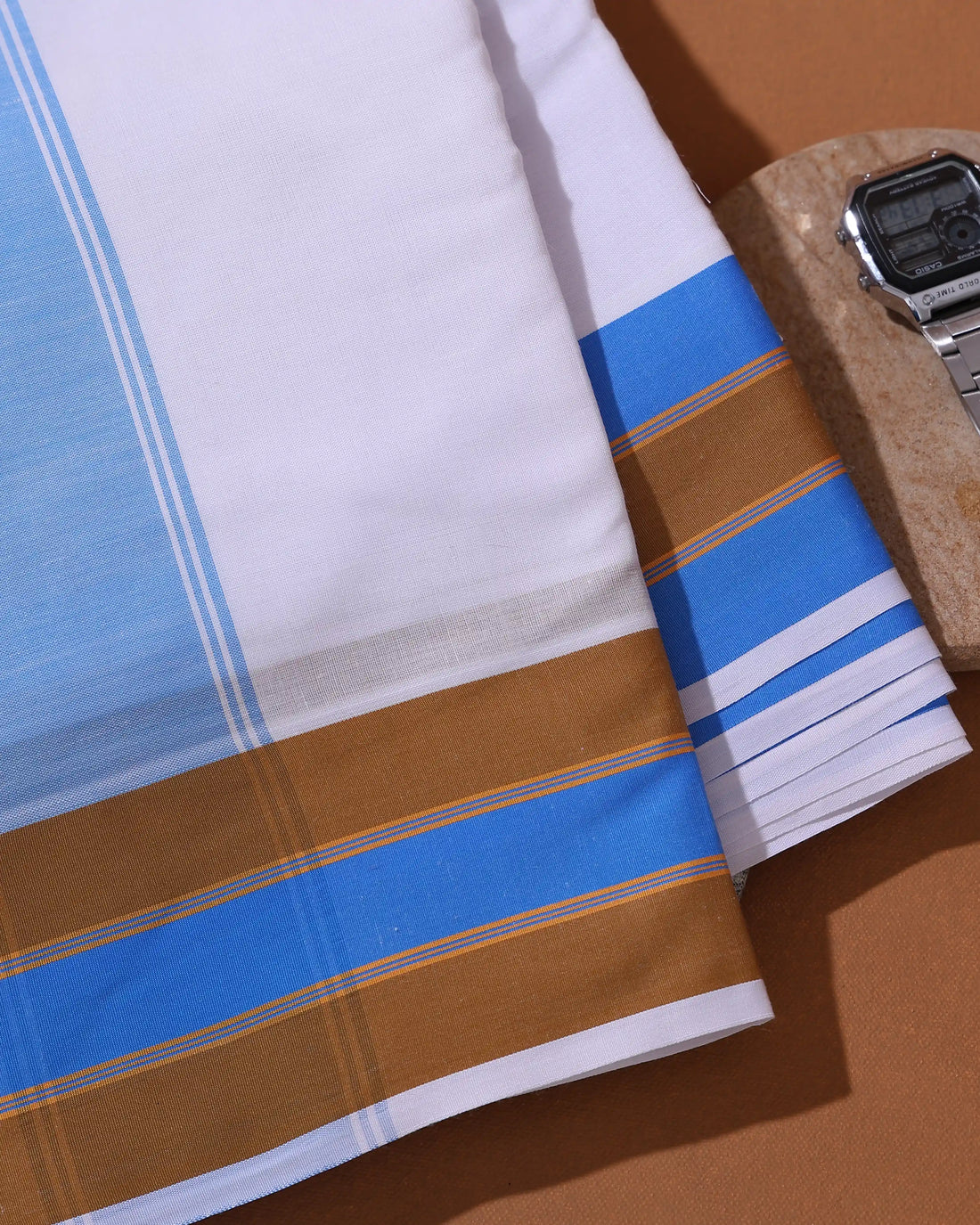Men’s 9+5 Meter Cotton Dhoti with Traditional Multi Striped Border - White