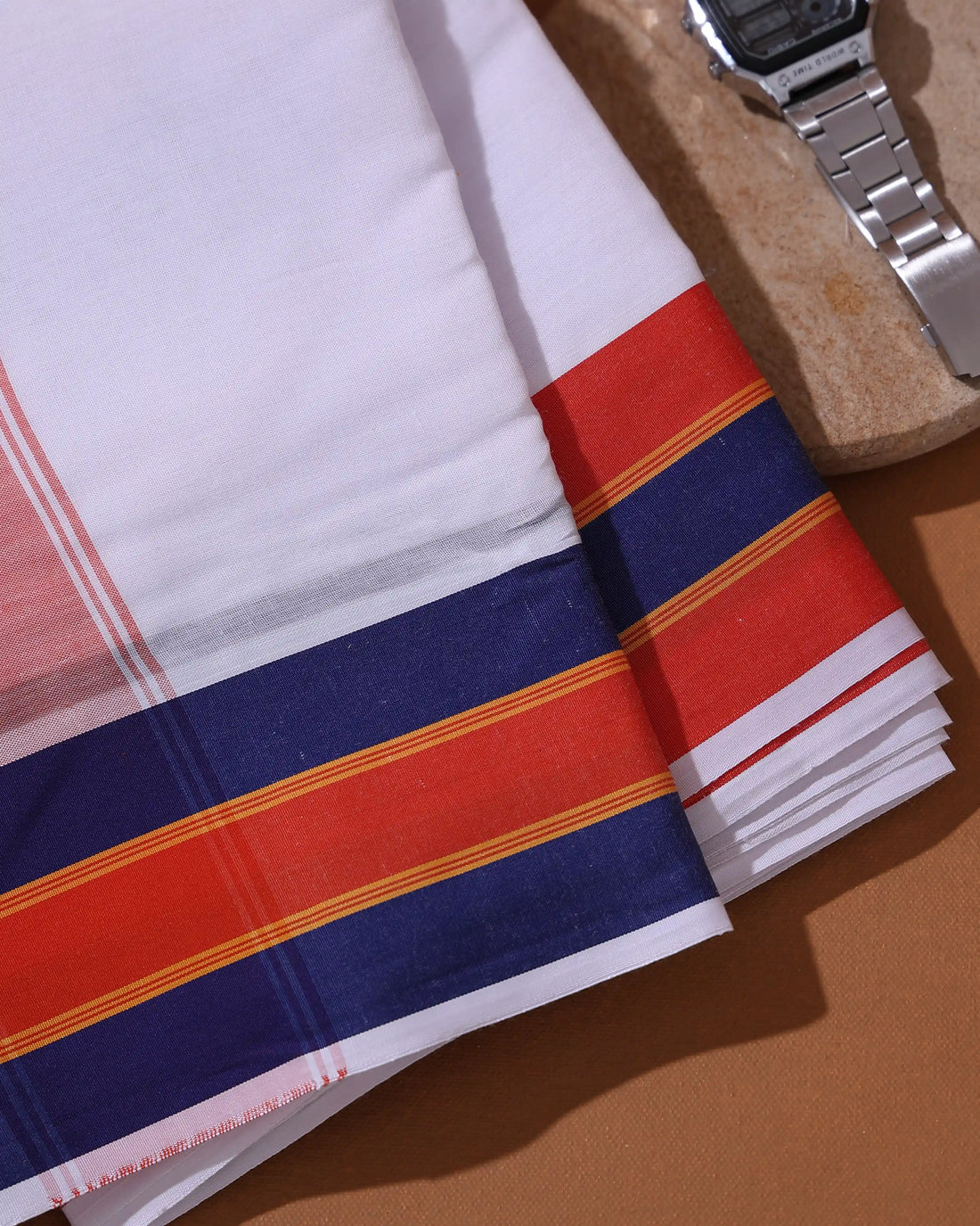Men's 9+5 Meter Cotton Dhoti with Woven Multi Striped Border - White
