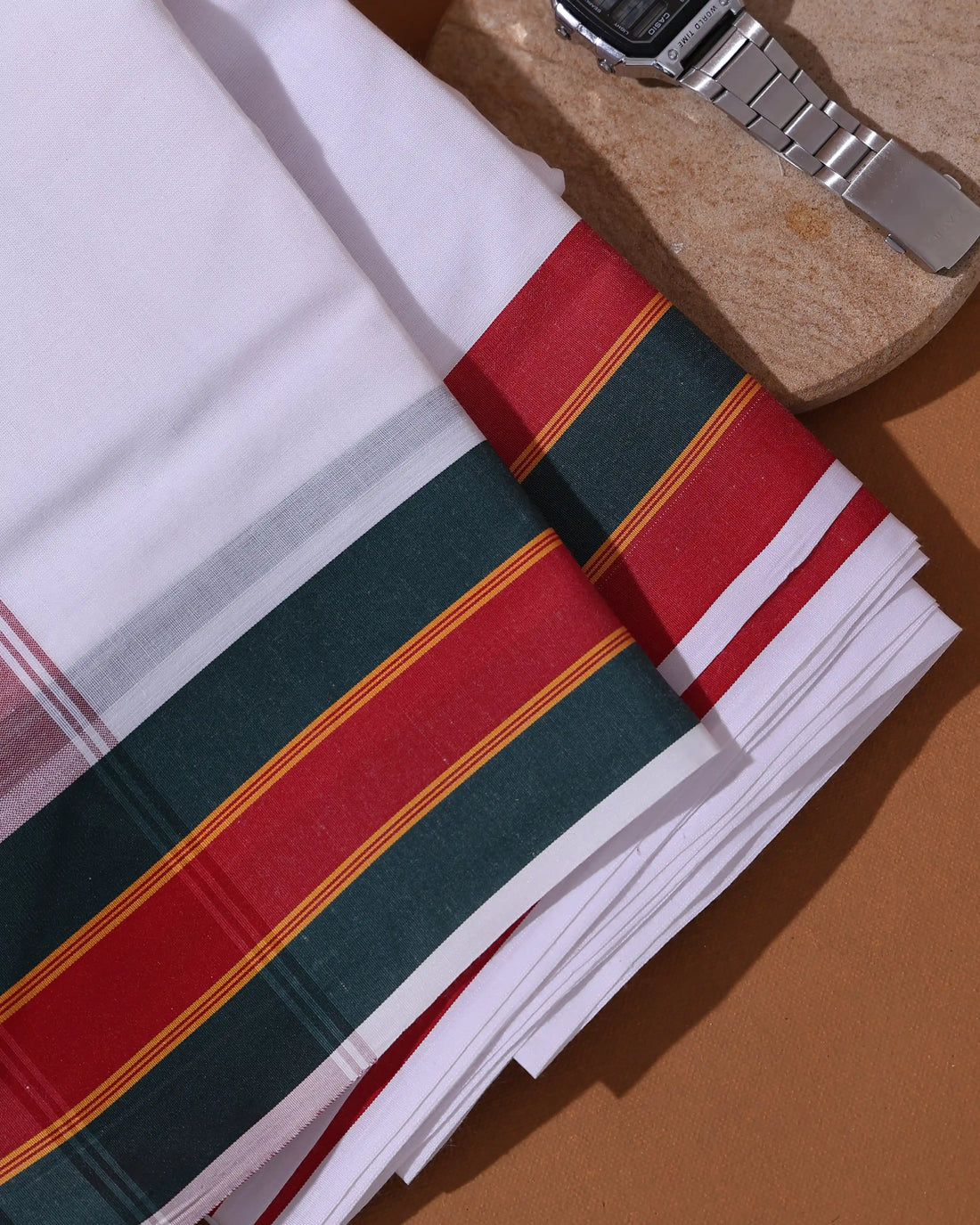 Men’s 9+5 Meter Premium Cotton Dhoti with Traditional Multi Woven Border - White