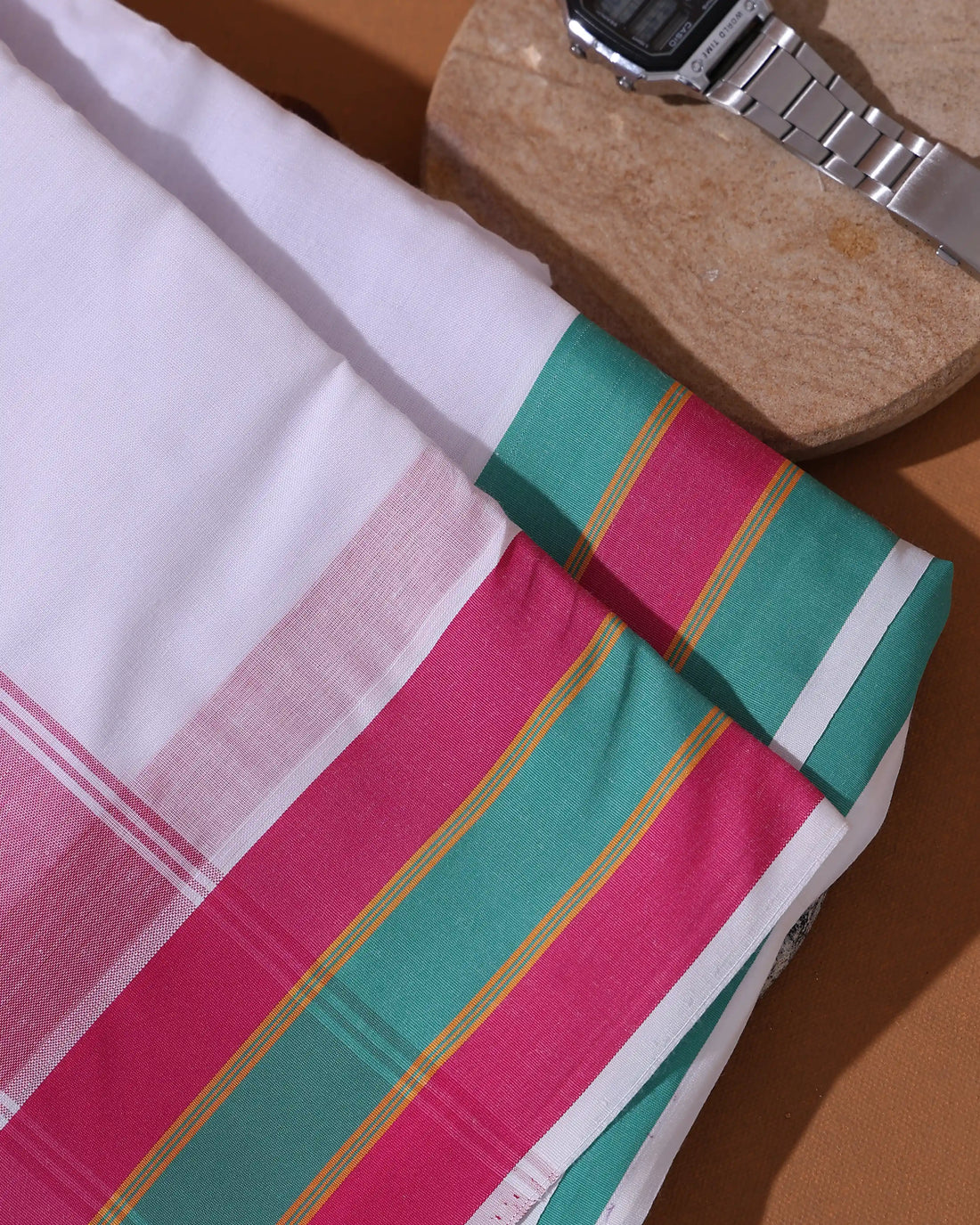 Men’s 9+5 Meter Premium Cotton Dhoti with Traditional Woven Border - White
