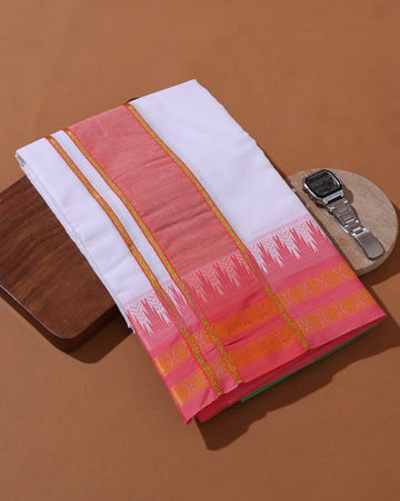 Men’s 9+5 Meter Pure Cotton Dhoti with Temple Inspired Motif Woven Border - White