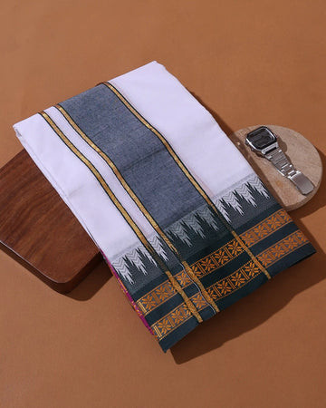Men’s 9+5 Meter Cotton Dhoti with Traditional Temple Border Intricate Woven Motifs - White