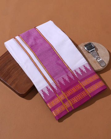 Men’s Pure Cotton Dhoti with Traditional Zari Border and Woven Temple Inspired Motif - White