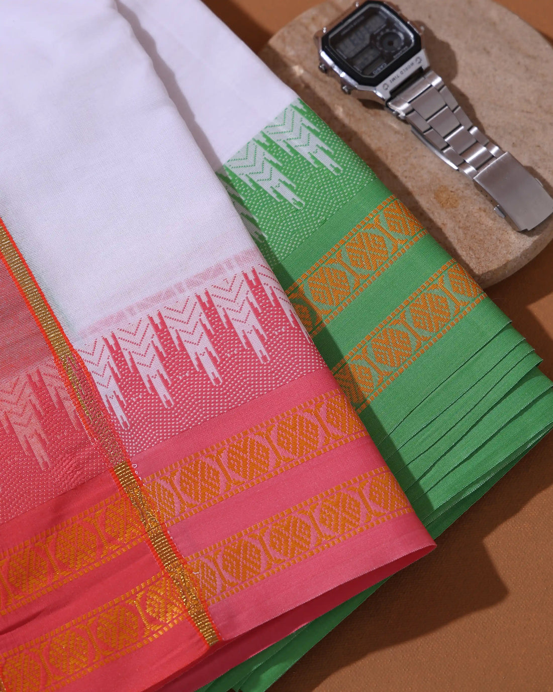 Men’s 9+5 Meter Pure Cotton Dhoti with Temple Inspired Motif Woven Border - White
