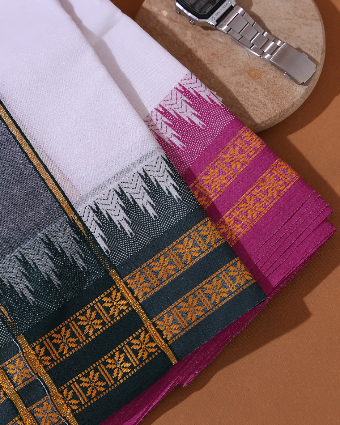 Men’s 9+5 Meter Cotton Dhoti with Traditional Temple Border Intricate Woven Motifs - White