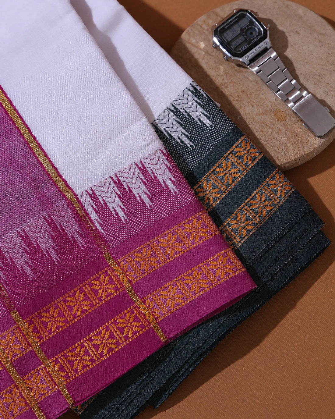 Men’s Pure Cotton Dhoti with Traditional Zari Border and Woven Temple Inspired Motif - White