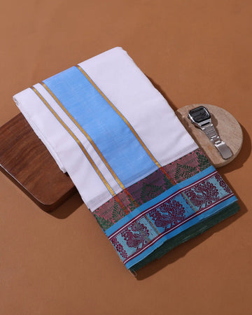 Men’s 10*6 Meter Cotton Dhoti with Traditional Peacock Motif Border - White