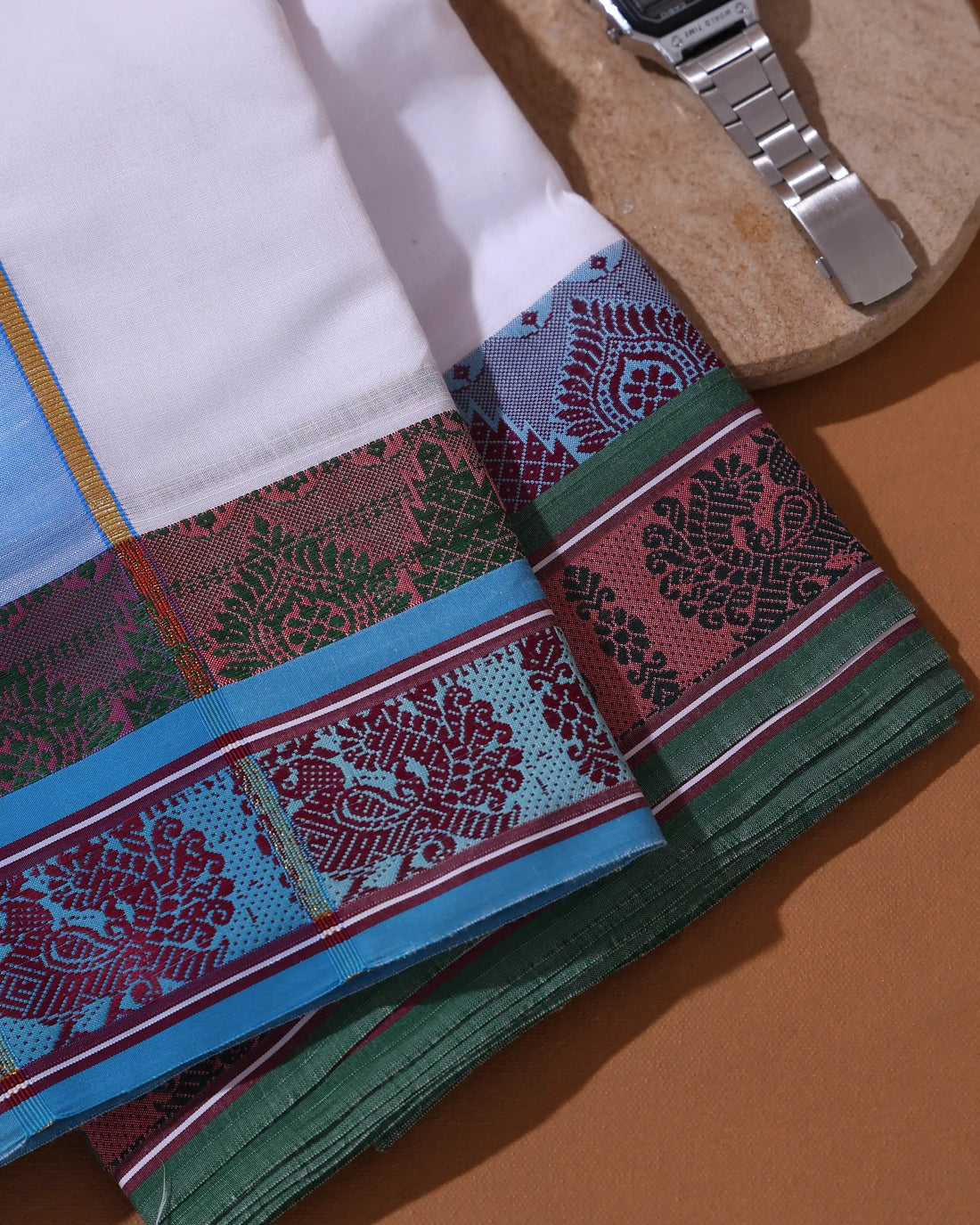 Men’s 10*6 Meter Cotton Dhoti with Traditional Peacock Motif Border - White