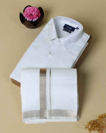Men’s Silk Blend Shirt and Traditional Dhoti Set with Gold Zari Border Design - White