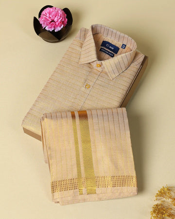 Men’s Silk Blend Striped Pattern Shirt and Dhoti Set with Gold Border Detailing and Classic Button Down Collar - Gold