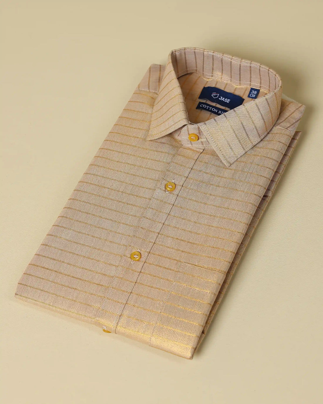 Men’s Silk Blend Striped Pattern Shirt and Dhoti Set with Gold Border Detailing and Classic Button Down Collar - Gold