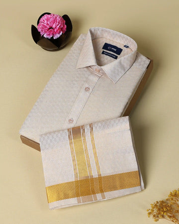 Men’s Textured Silk Blend Shirt and Traditional Dhoti Set with Gold Zari Border Design - Cream