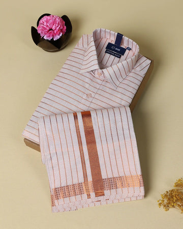 Men’s Silk Blend Striped Shirt and Matching Traditional Dhoti Set with Classic Collar and Full Sleeves - Cream