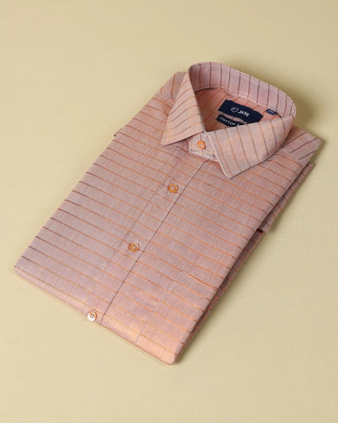 Men’s Silk Blend Striped Pattern Shirt and Dhoti Set with Copper Border Detailing and Classic Button Down Collar - Copper