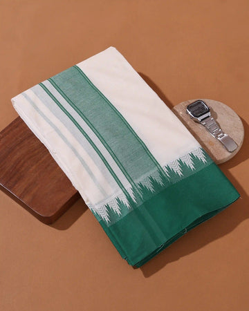 Men’s 9*5 Meter Premium Cotton Dhoti with Contrast Temple Border Design - Off White