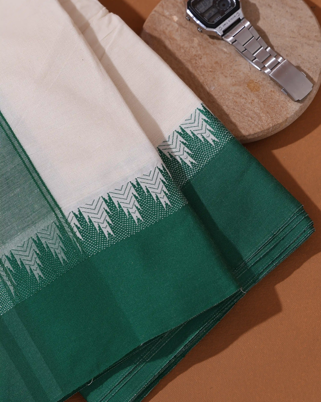 Men’s 9*5 Meter Premium Cotton Dhoti with Contrast Temple Border Design - Off White