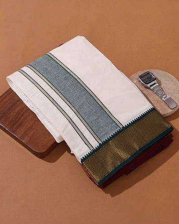 Men’s 10*6 Meter Cotton Traditional Dhoti with Woven Zari Border - Off White