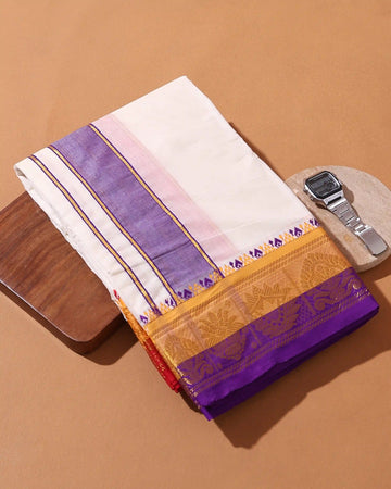 Men’s 10*6 Meter Cotton Dhoti with Traditional Woven Border and Elegant Jacquard Zari Detailing - Off White