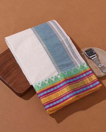 Men’s 10*6 Meter Cotton Dhoti with Woven Border Intricate Geometric Motifs and Decorative Leaf Pattern - Off White
