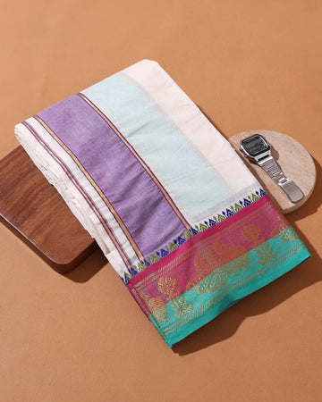 Men’s 10*6 Meter Cotton Dhoti with Traditional Peacock and Floral Woven Border Design - Off White