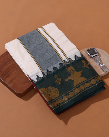 Men’s 9*5 Meter Cotton Dhoti with Traditional Woven Border and Temple Motif Design - Off White