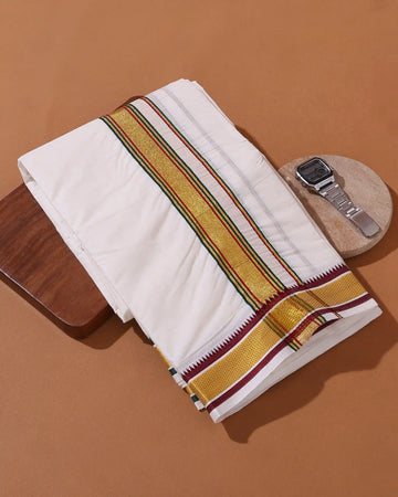 Men’s 9+5 Meter Cotton Dhoti with Gold Zari Border and Maroon Temple Border Design - Off White