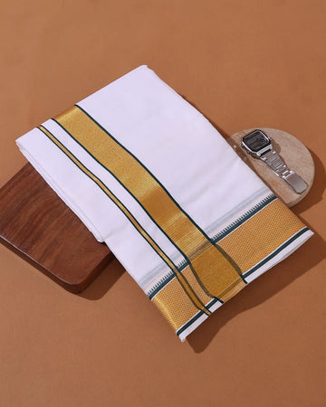Men’s 9+5 Meter Premium Cotton Dhoti with Traditional Gold Zari Border - White