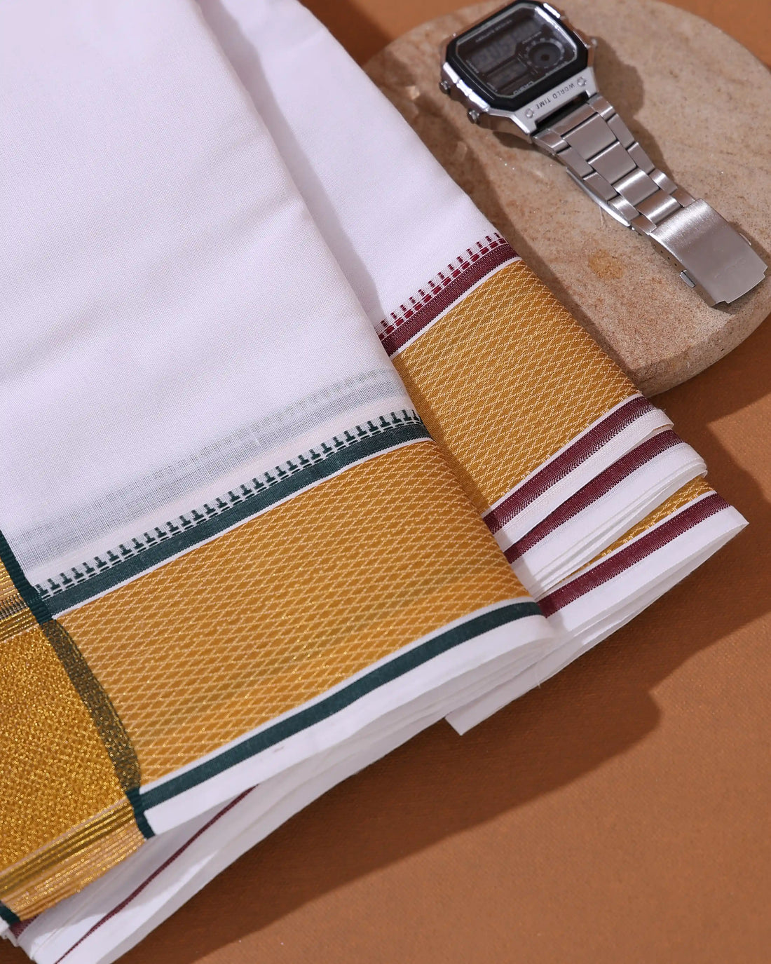 Men’s 9+5 Meter Premium Cotton Dhoti with Traditional Gold Zari Border - White