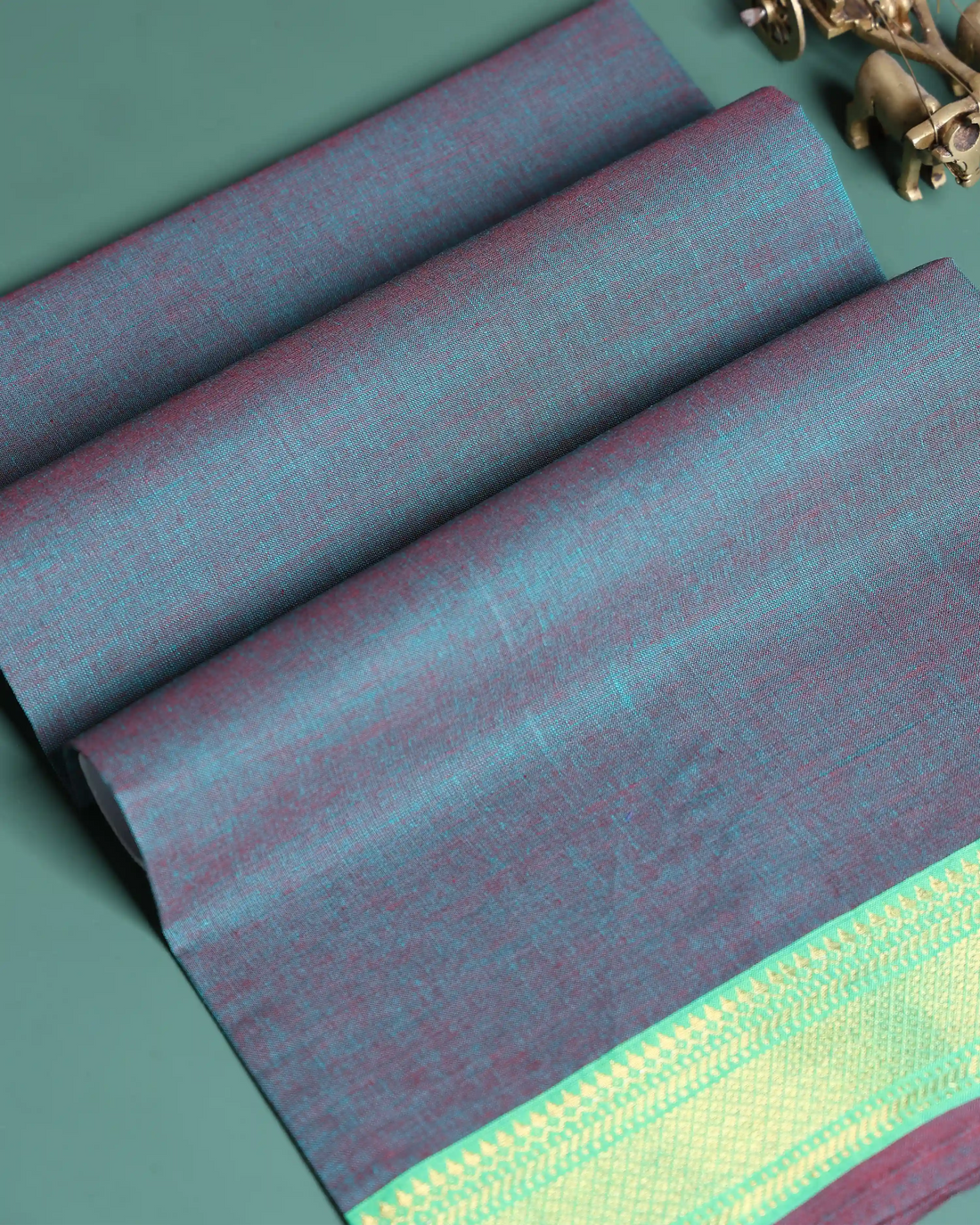 Women’s 1 Meter Cotton Blouse Material Solid Design with Contrast Woven Border - Teal Blue