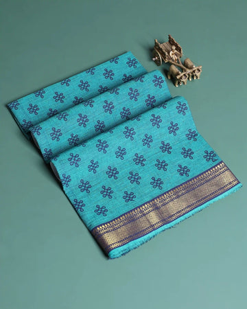 Women’s 1 Meter Cotton Blouse Material with Traditional Knot Motif and Intricate Woven Zari Border - Teal Blue