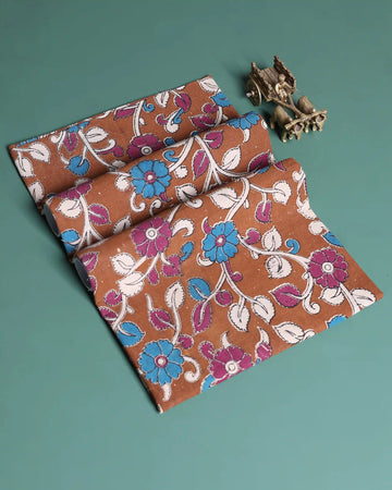 Women’s 1 Meter Blouse Material with Traditional Floral Kalamkari Inspired Printed Fabric Design - Brown