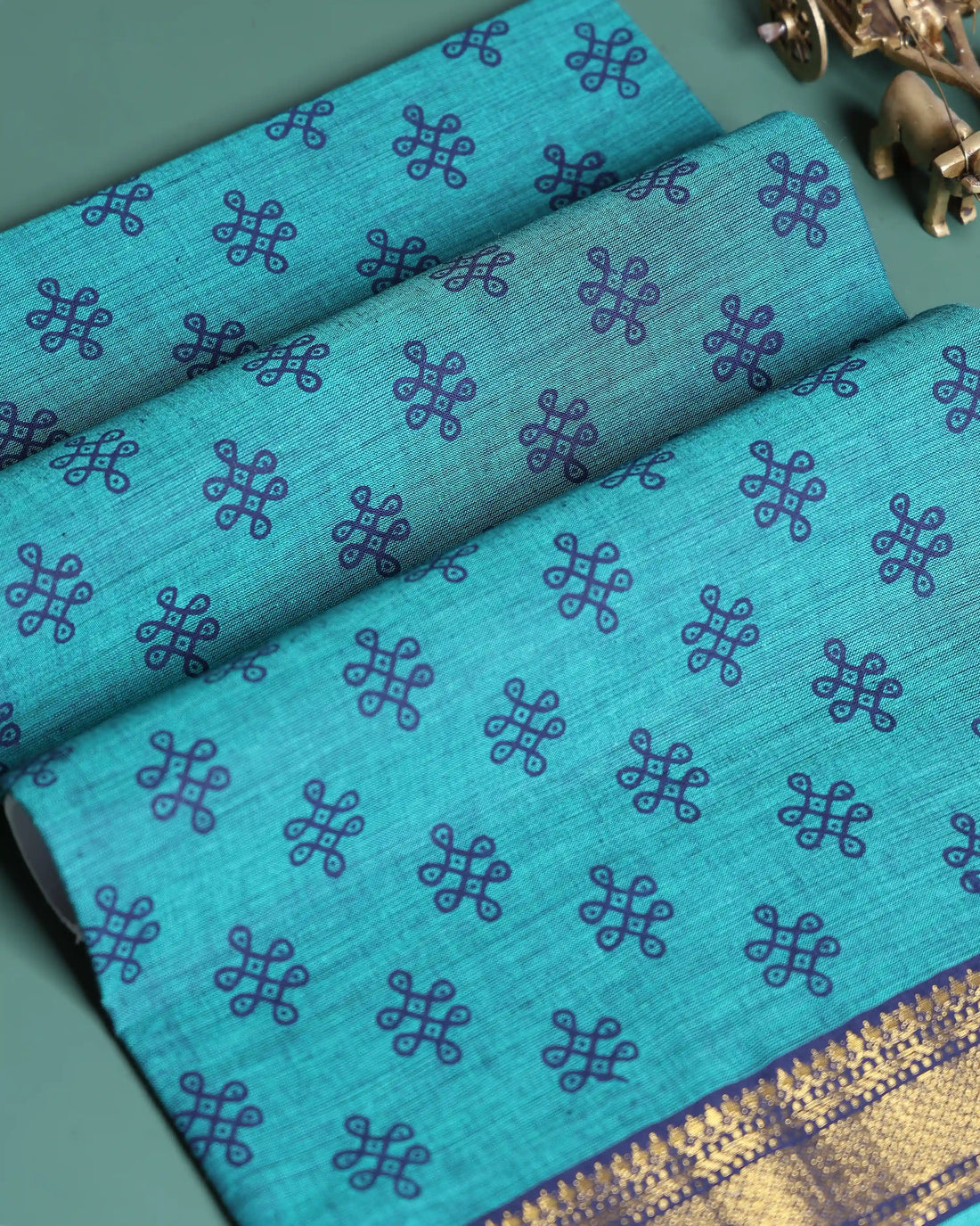 Women’s 1 Meter Cotton Blouse Material with Traditional Knot Motif and Intricate Woven Zari Border - Teal Blue