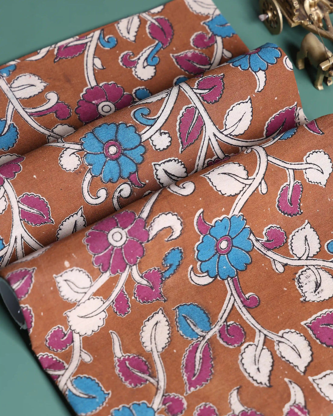Women’s 1 Meter Blouse Material with Traditional Floral Kalamkari Inspired Printed Fabric Design - Brown