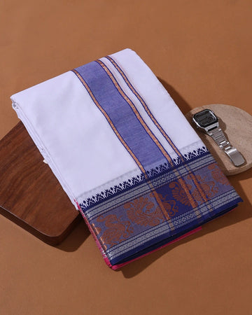 Men’s 9+5 Meter Pure Cotton Dhoti with Traditional Peacock Motif Border - White