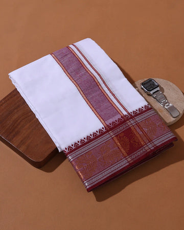 Men’s 9+5 Meter Pure Cotton Dhoti with Traditional Peacock Motif Border - White