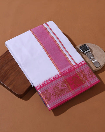 Men’s 9+5 Meter Pure Cotton Dhoti with Traditional Peacock Motif Border - White