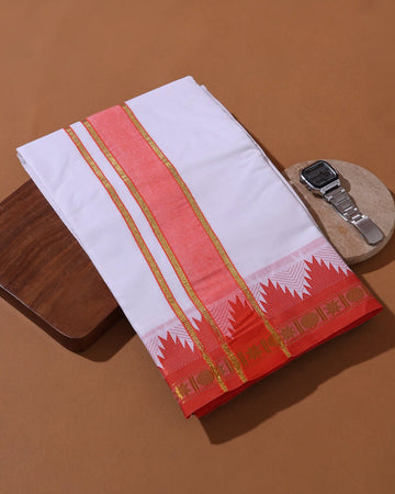 Men’s 9+5 Meter Pure Cotton Dhoti with Gold Zari Border and Woven Temple Motifs - White