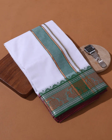Men’s 9+5 Meter Pure Cotton Dhoti with Traditional Peacock Motif Border - White