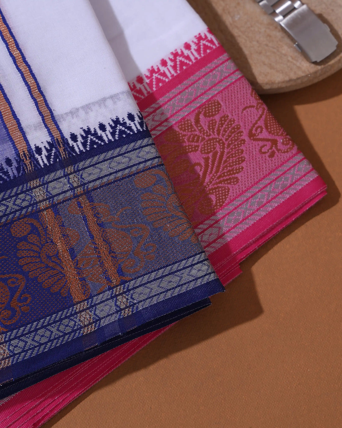 Men’s 9+5 Meter Pure Cotton Dhoti with Traditional Peacock Motif Border - White