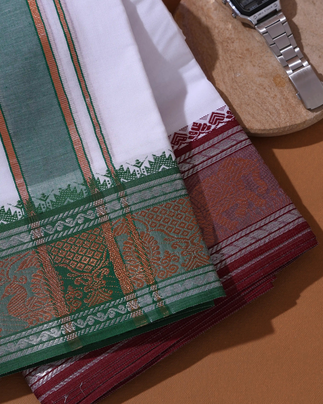 Men’s 9+5 Meter Pure Cotton Dhoti with Traditional Peacock Motif Border - White