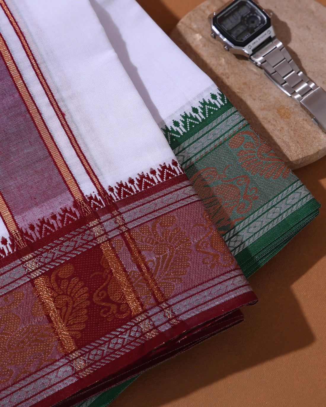 Men’s 9+5 Meter Pure Cotton Dhoti with Traditional Peacock Motif Border - White
