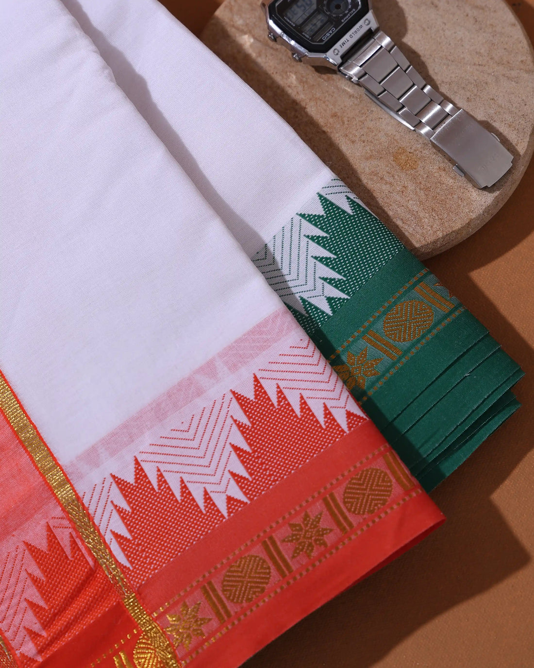 Men’s 9+5 Meter Pure Cotton Dhoti with Gold Zari Border and Woven Temple Motifs - White