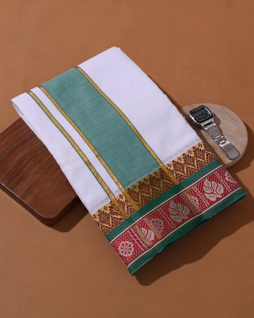 Men’s 10 × 6 Meter Cotton Dhoti with Traditional Floral & Leaf Motif Border – White
