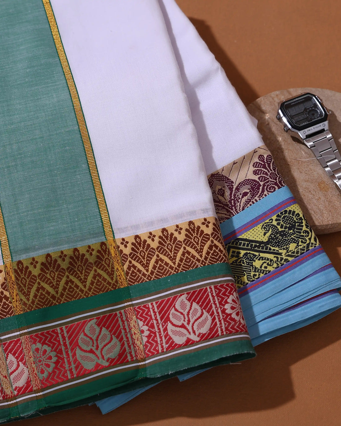 Men’s 10 × 6 Meter Cotton Dhoti with Traditional Floral & Leaf Motif Border – White