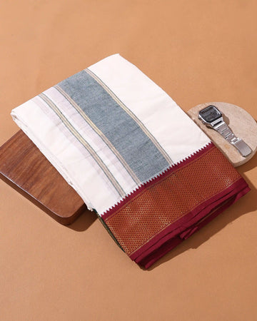 Men’s 9*5 Meter Premium Cotton Dhoti with Traditional Woven Border and Intricate Zari Pattern - Off White