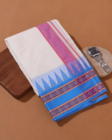 Men’s 9+5 Meter Cotton Dhoti with Temple Border Woven Stripe Detailing and Classic Ethnic Design - White